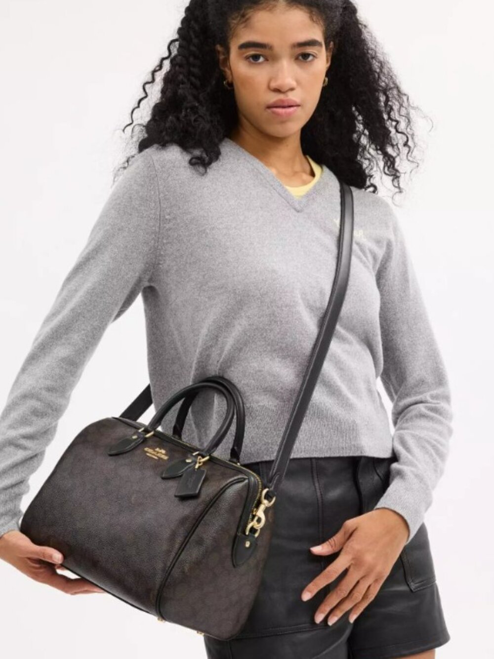 Coach Rowan LARGE Crossbody Shoulder Bag Signature C Brown Black Gold Zip CV959 View 5